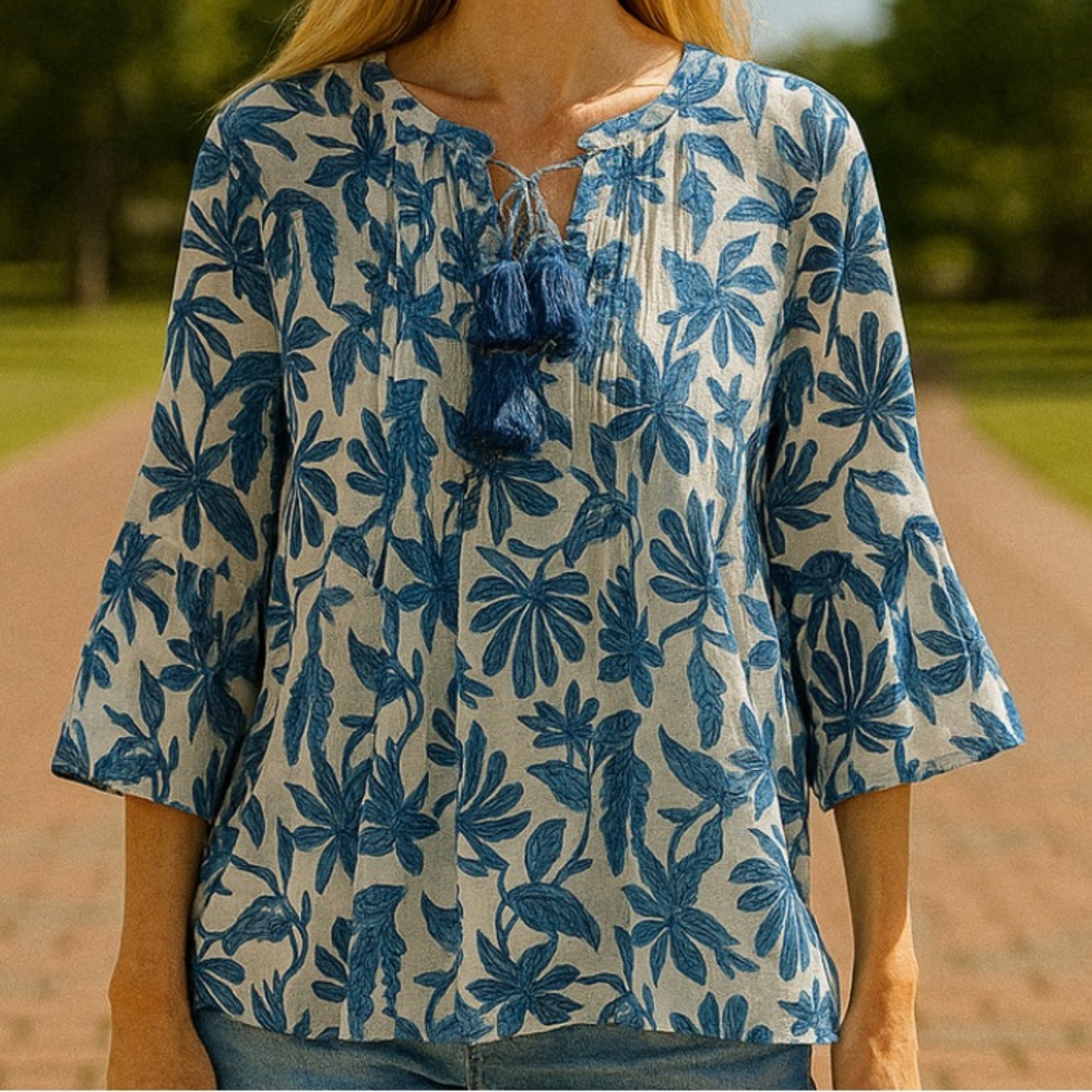 Elie Tahari White Blue Floral Women's Top Lightweight Beach Peasant Tassel 1X